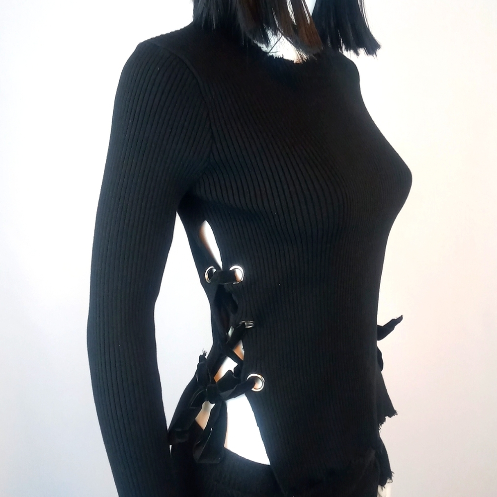 Goth laced and frayed black sweater